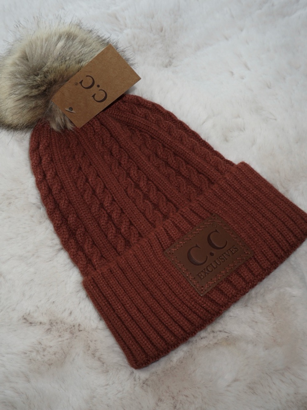 CC Boutique Rust Cable Knit Beanie with Faux Fur Pom